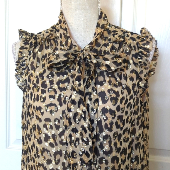 Kate Spade Silk Metallic Leopard Clip Dot Tie Peplum Ruffle Top Brown Gold - Picture 4 of 8